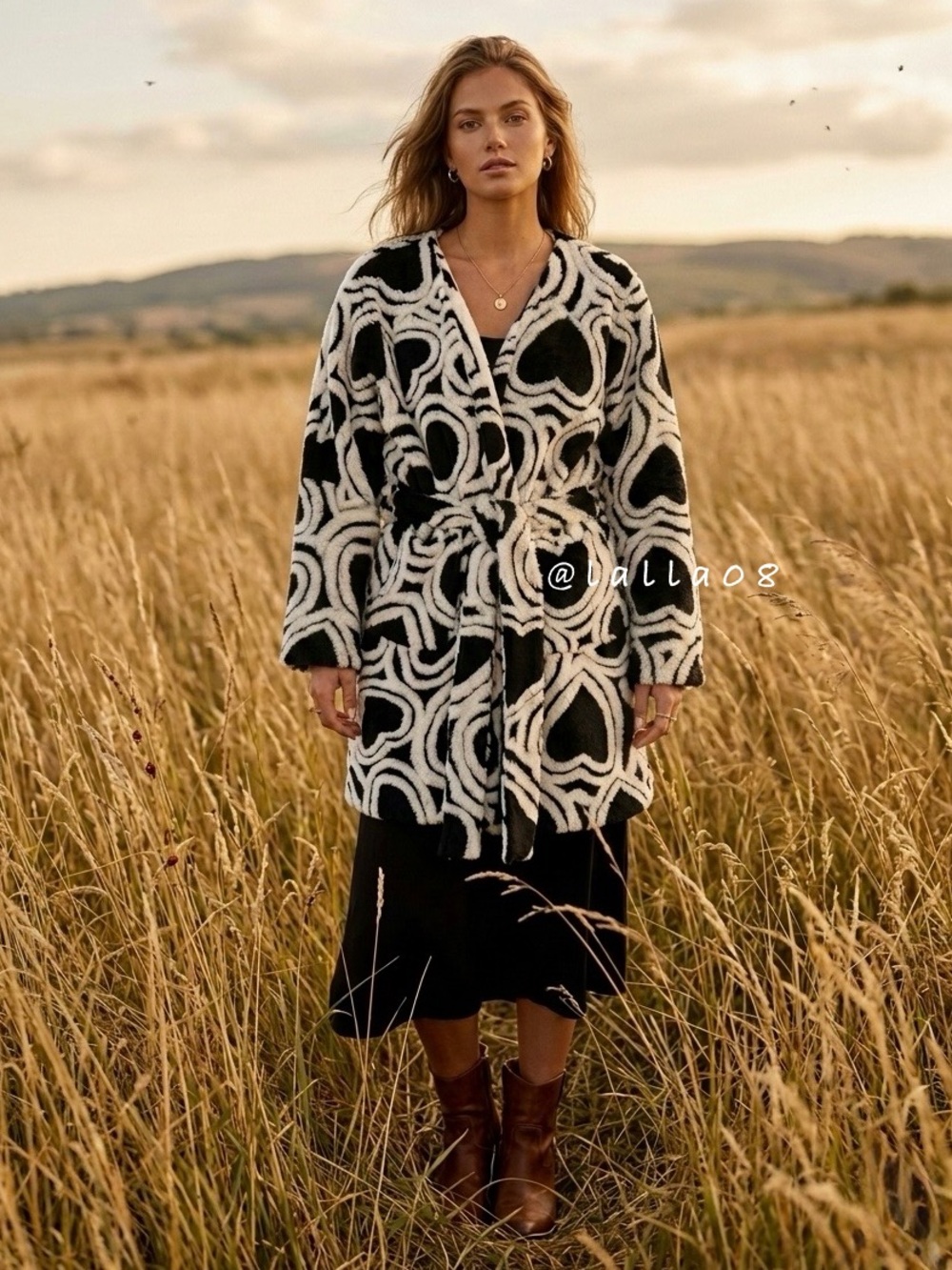 Farm Rio Black White Wild Hearts Fleece Coat